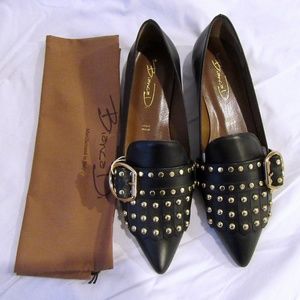 New BIANCA DI Vitello Black Gold Pointy Flats